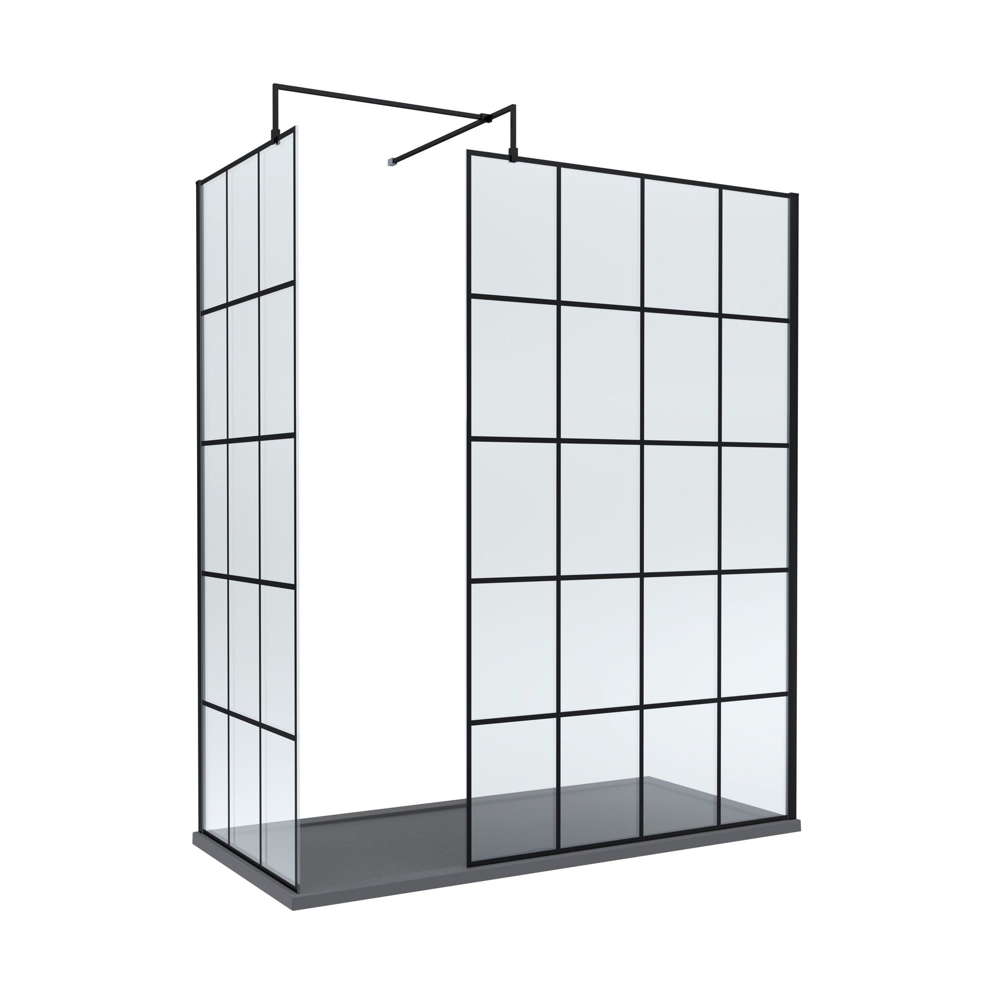 [BEZW076] Contemporary 8mm Glass Walk In Wetroom Screens with Matt Black Framed Design and Shower Tray - Choice of Size - Cutout