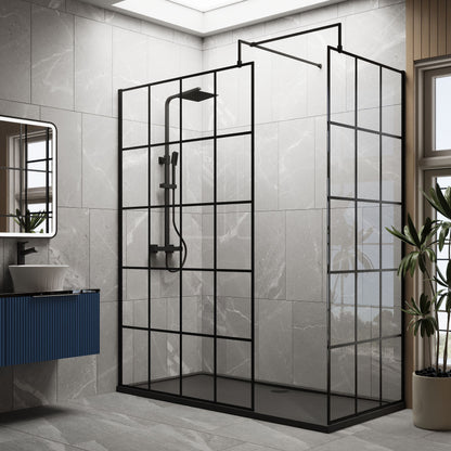 [BEZW076] Contemporary 8mm Glass Walk In Wetroom Screens with Matt Black Framed Design and Shower Tray - Choice of Size - Lifestyle 1