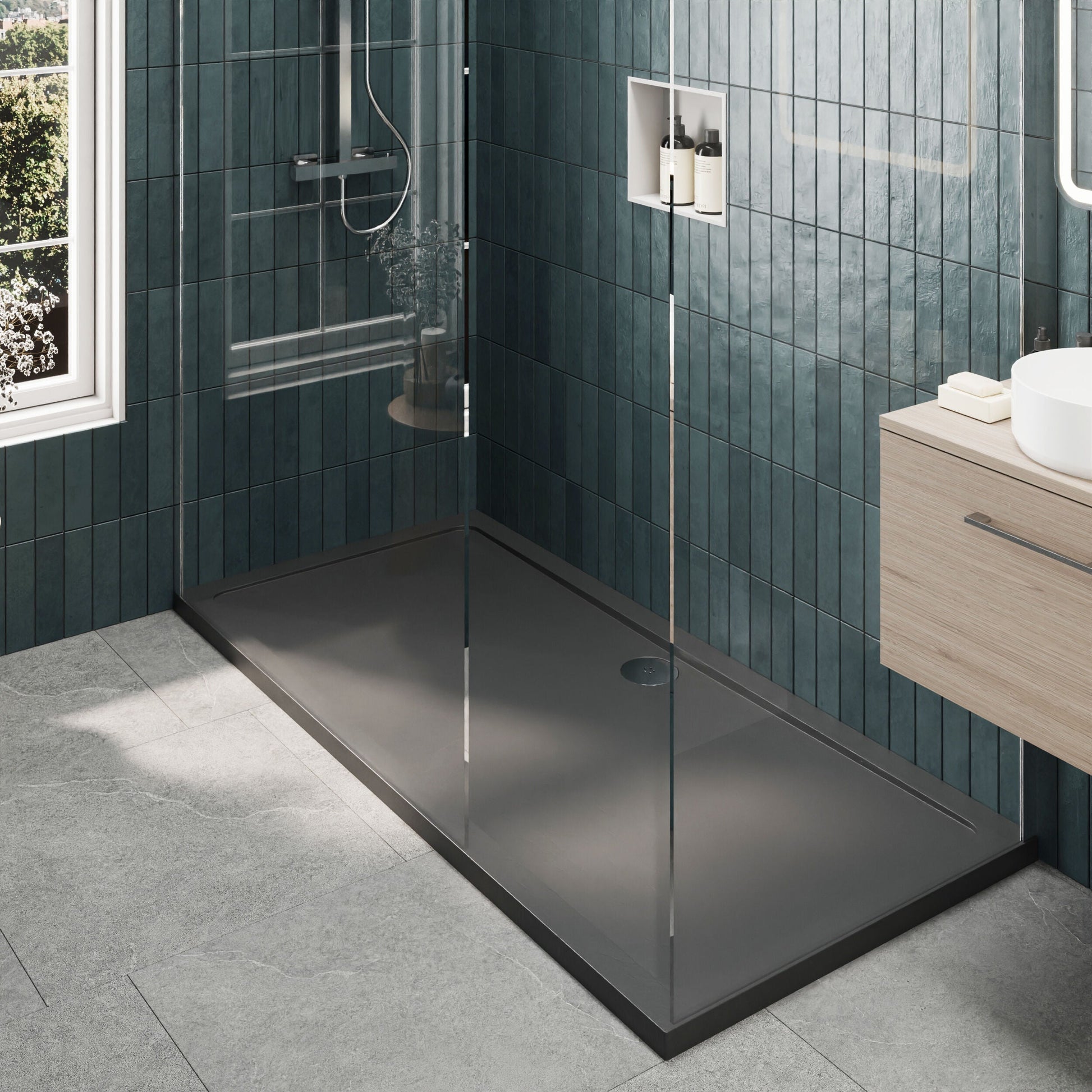 [BEZW077] Contemporary 8mm Glass Walk In Wetroom Screens and Shower Tray - Choice of Size and Finish - Lifestyle 2