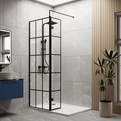 [BEZW088] Contemporary 8mm Glass Walk In Wetroom Screen and Hinged Return Screen with Black Framed Design - Choice of Size - Lifestyle 1