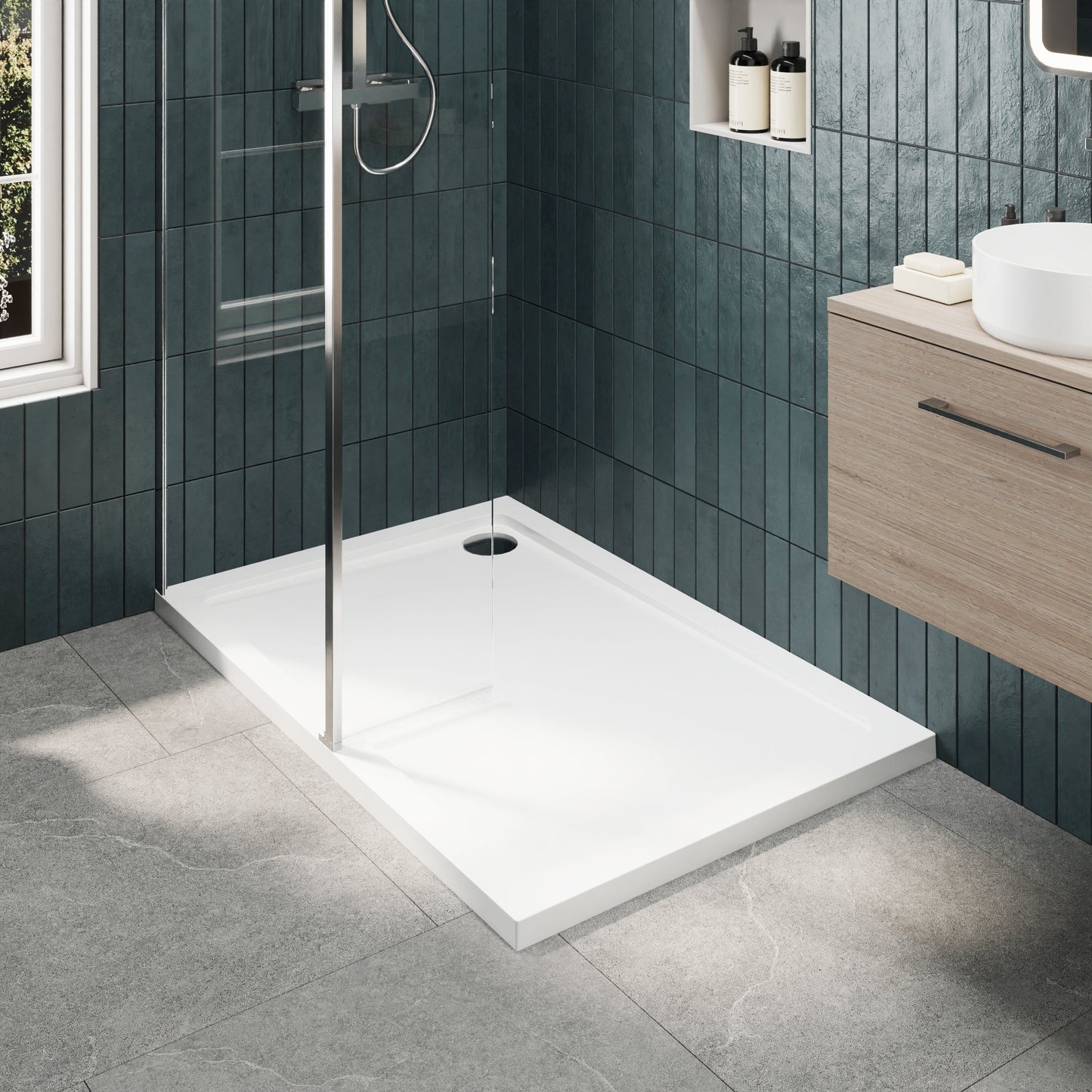 Contemporary 8mm Glass Walk In Wetroom Screen and Hinged Return Screen and Shower Tray - Choice of Size and Finish
