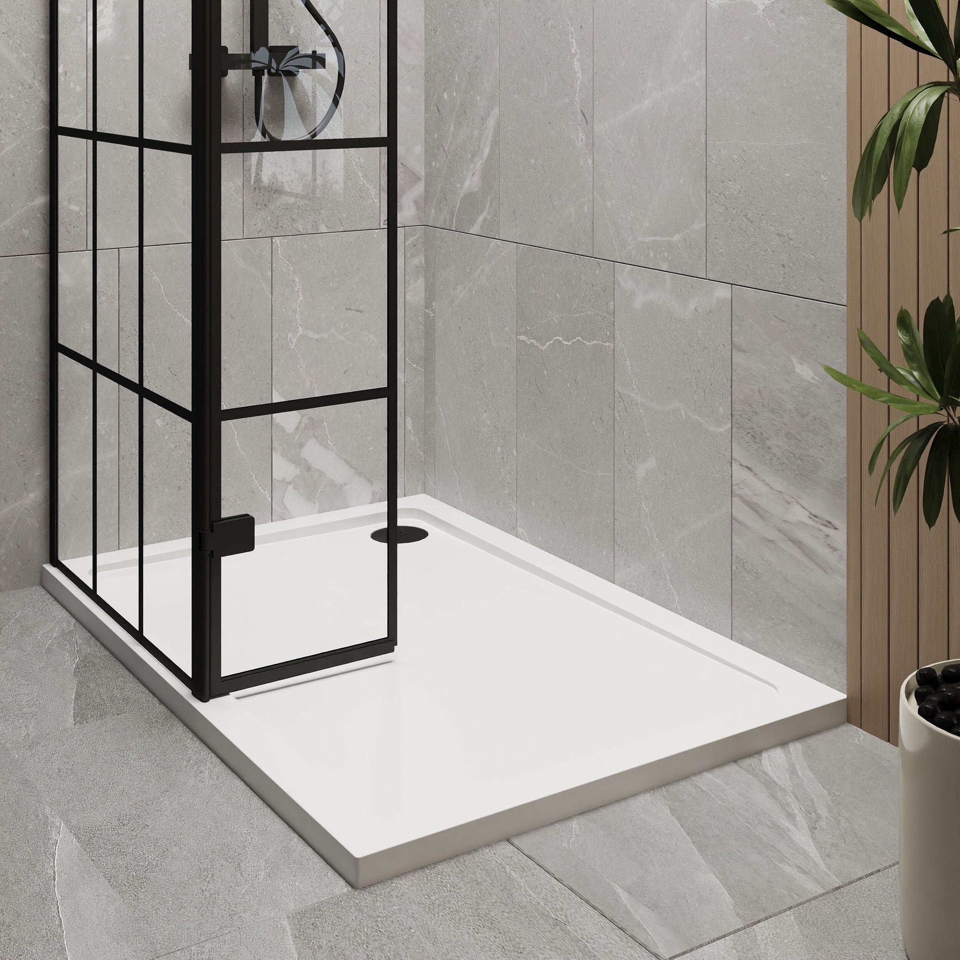 [BEZW092] Contemporary 8mm Glass Walk In Wetroom Screen and Hinged Return Screen with Black Framed Design - Choice of Size - Lifestyle 2