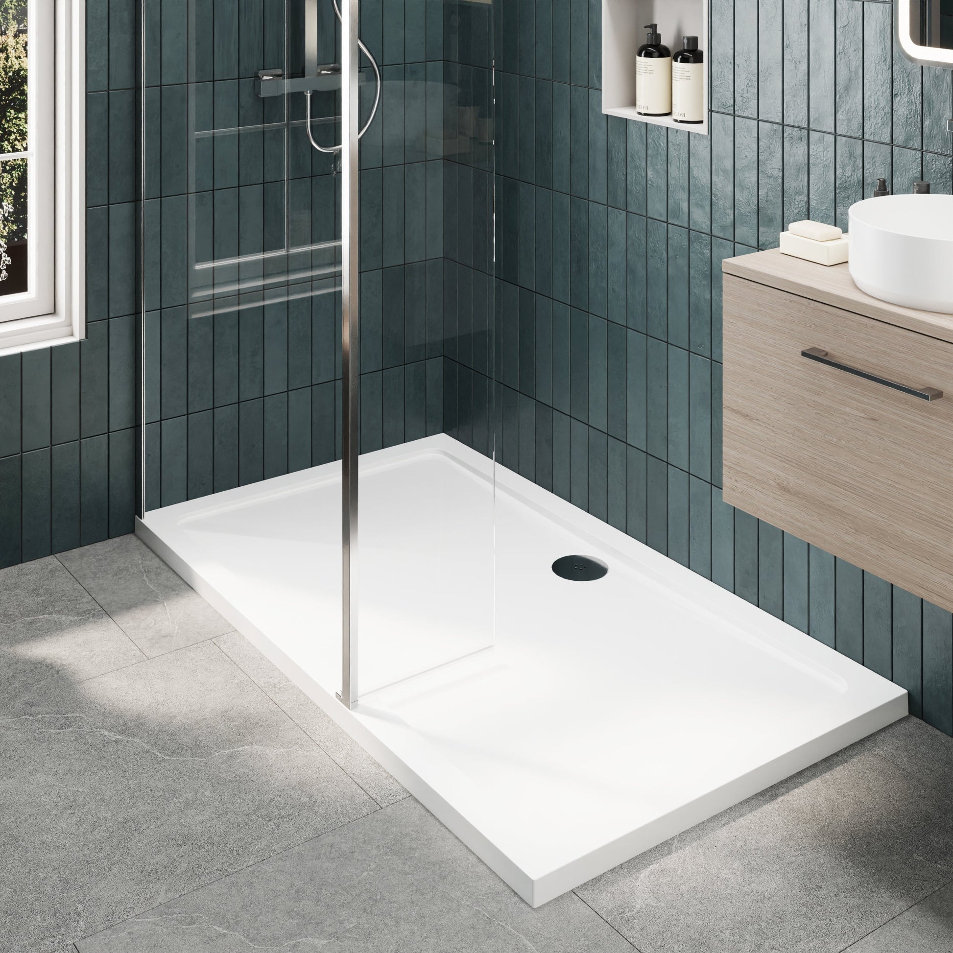 Contemporary 8mm Glass Walk In Wetroom Screen and Hinged Return Screen and Shower Tray - Choice of Size and Finish