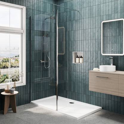 Contemporary 8mm Glass Walk In Wetroom Screen and Hinged Return Screen and Shower Tray - Choice of Size and Finish