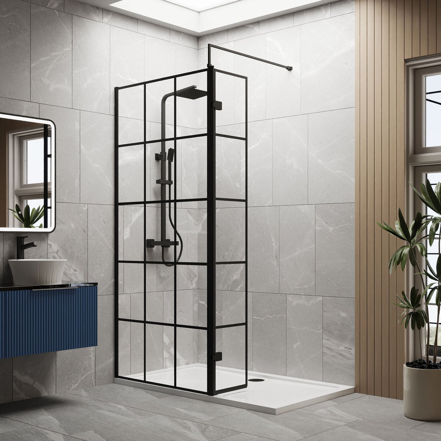 [BEZW104] Contemporary 8mm Glass Walk In Wetroom Screen and Hinged Return Screen with Black Framed Design - Choice of Size - Lifestyle 1