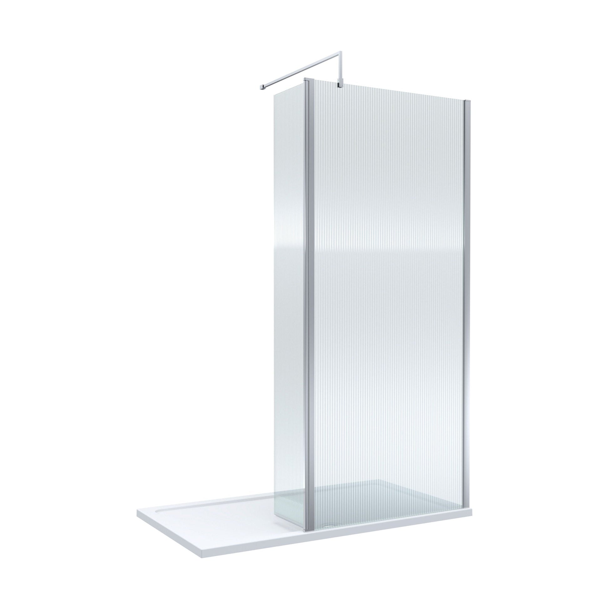 [BEZW105] Contemporary 8mm Fluted Glass Walk In Wetroom Screen and Hinged Return Screen - Choice of Size and Finish - Cutout