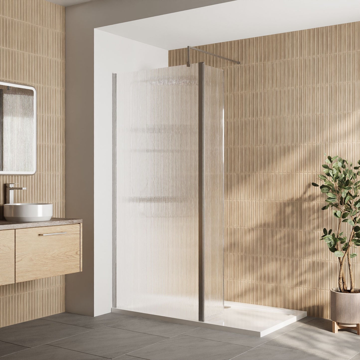 [BEZW105] Contemporary 8mm Fluted Glass Walk In Wetroom Screen and Hinged Return Screen - Choice of Size and Finish - Lifestyle 1
