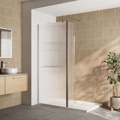 [BEZW105] Contemporary 8mm Fluted Glass Walk In Wetroom Screen and Hinged Return Screen - Choice of Size and Finish - Lifestyle 1