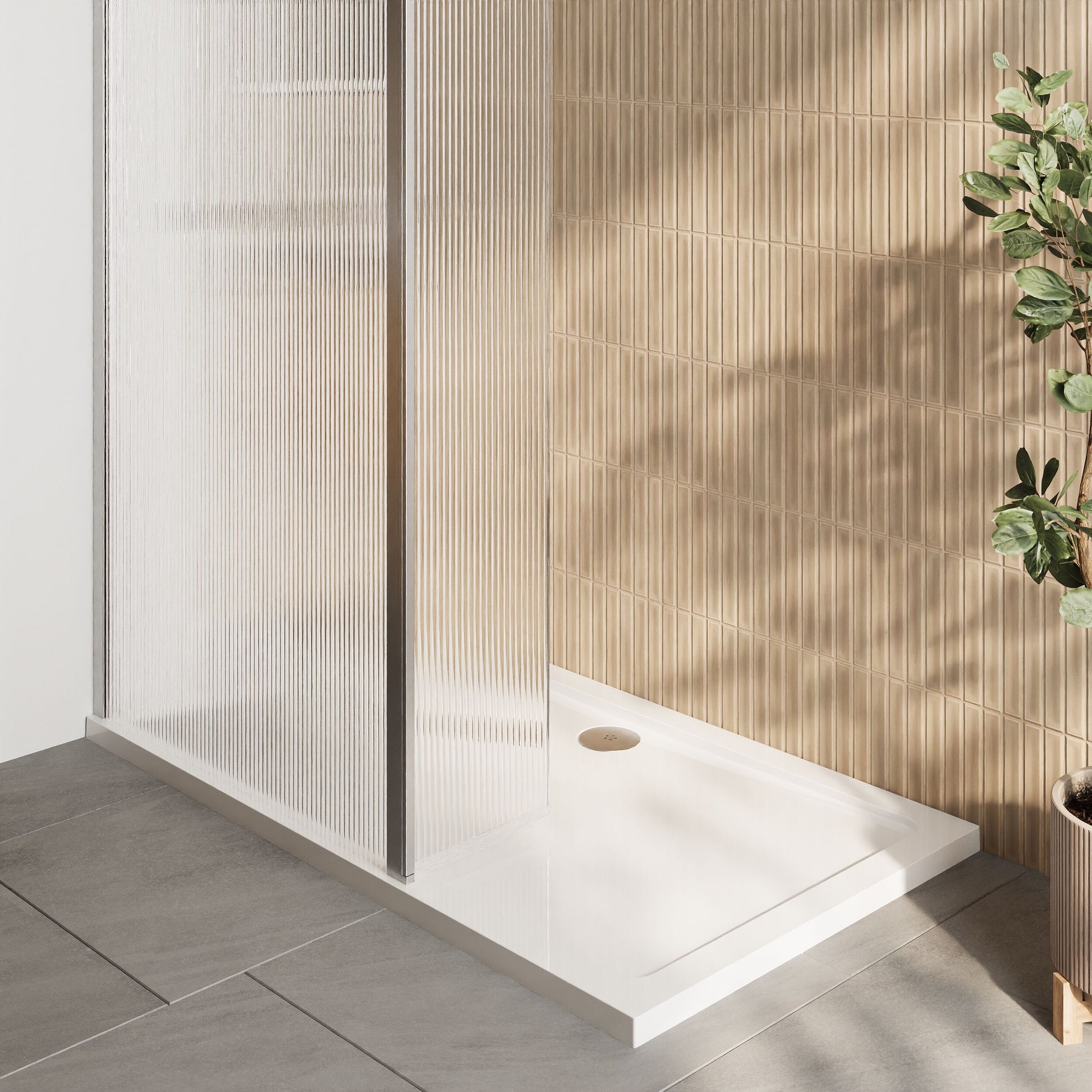 [BEZW105] Contemporary 8mm Fluted Glass Walk In Wetroom Screen and Hinged Return Screen - Choice of Size and Finish - Lifestyle 2
