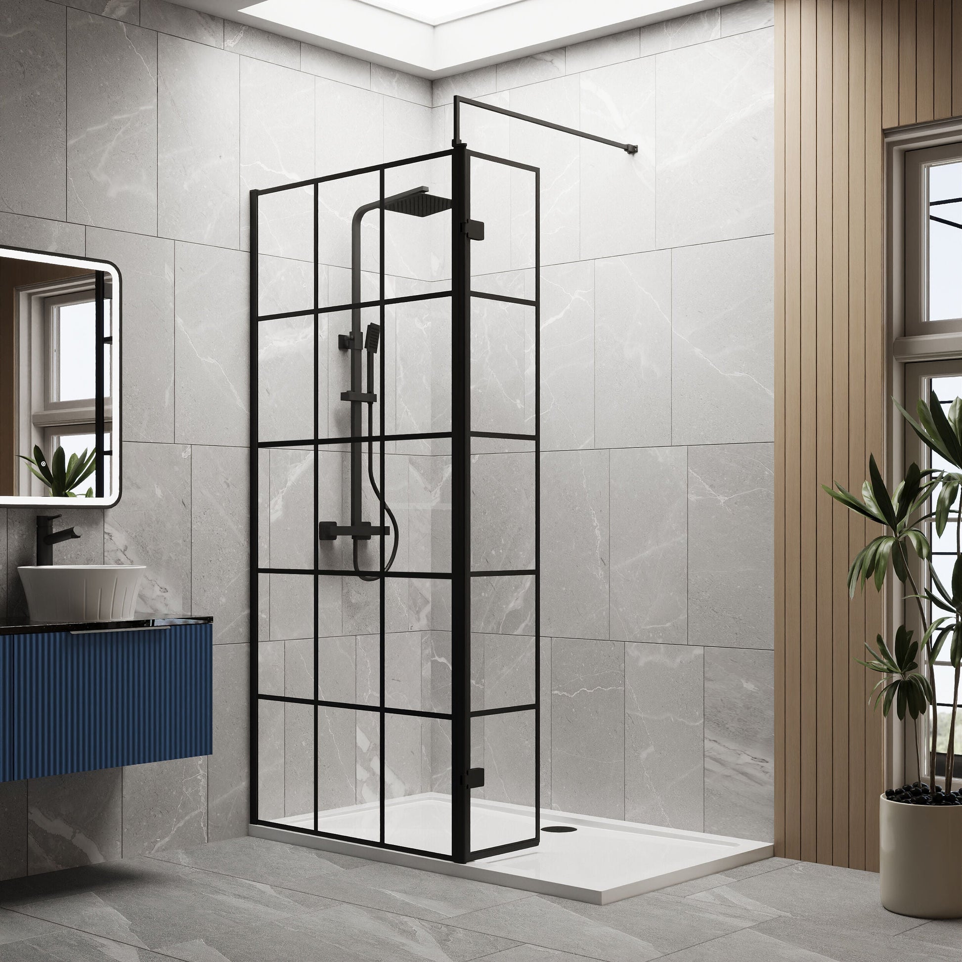 [BEZW111] Contemporary 8mm Glass Walk In Wetroom Screen and Hinged Return Screen with Black Framed Design - Choice of Size - Lifestyle 1