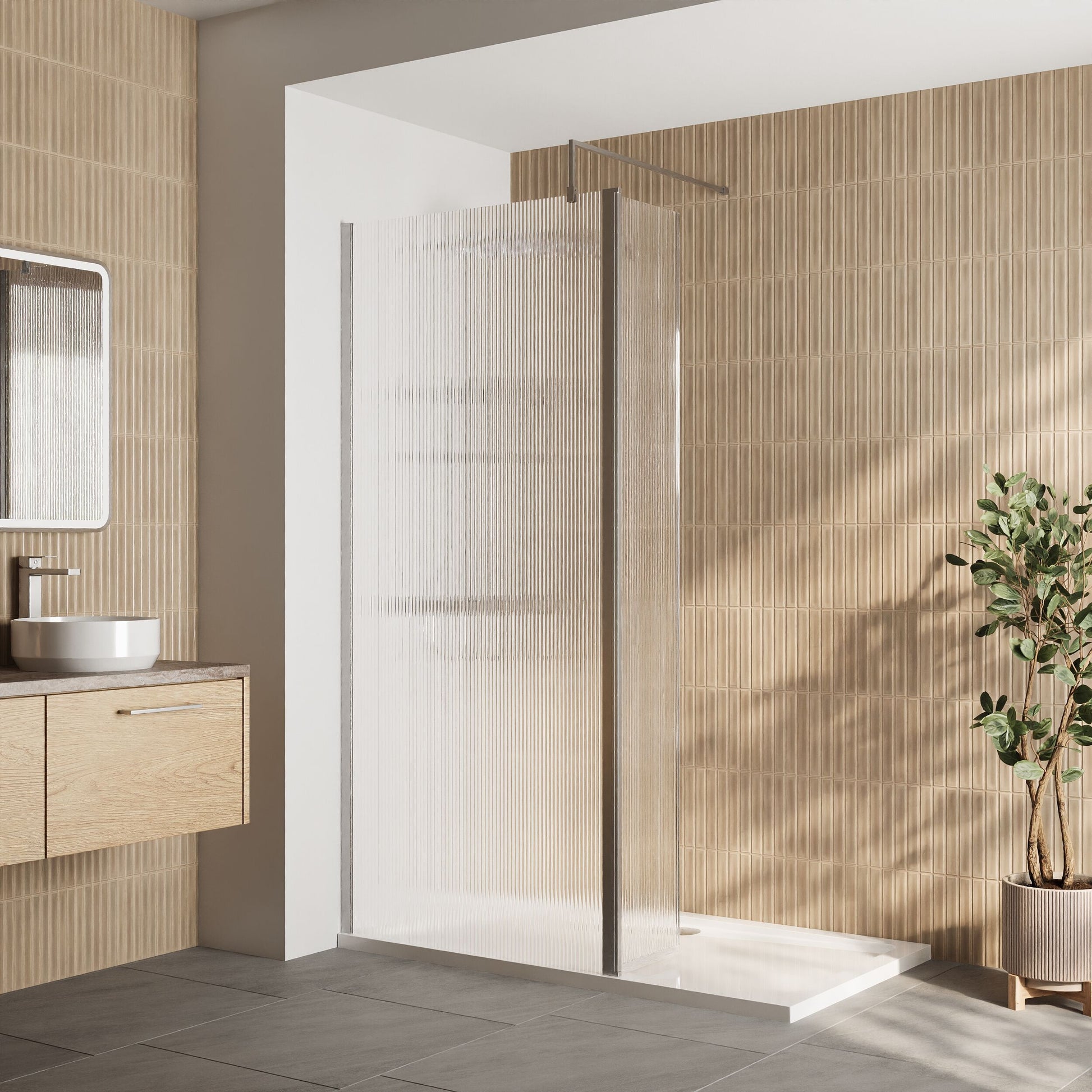 [BEZW112] Contemporary 8mm Fluted Glass Walk In Wetroom Screen and Hinged Return Screen - Choice of Size and Finish - Lifestyle 1