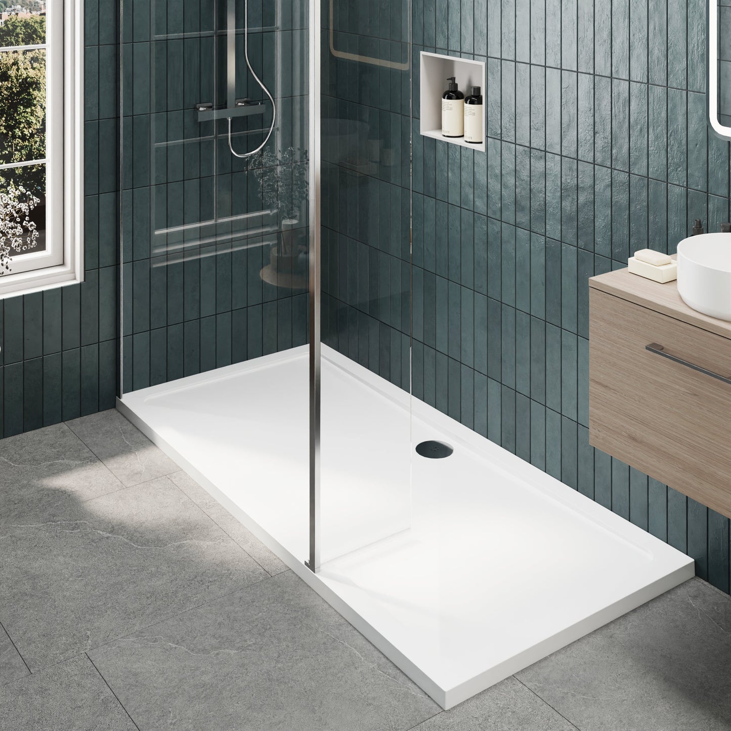 Contemporary 8mm Glass Walk In Wetroom Screen and Hinged Return Screen and Shower Tray - Choice of Size and Finish