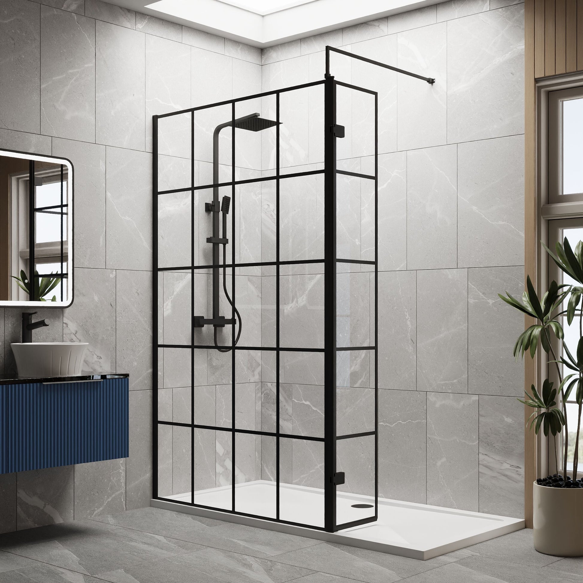 [BEZW122] Contemporary 8mm Glass Walk In Wetroom Screen and Hinged Return Screen with Black Framed Design - Choice of Size - Lifestyle 1