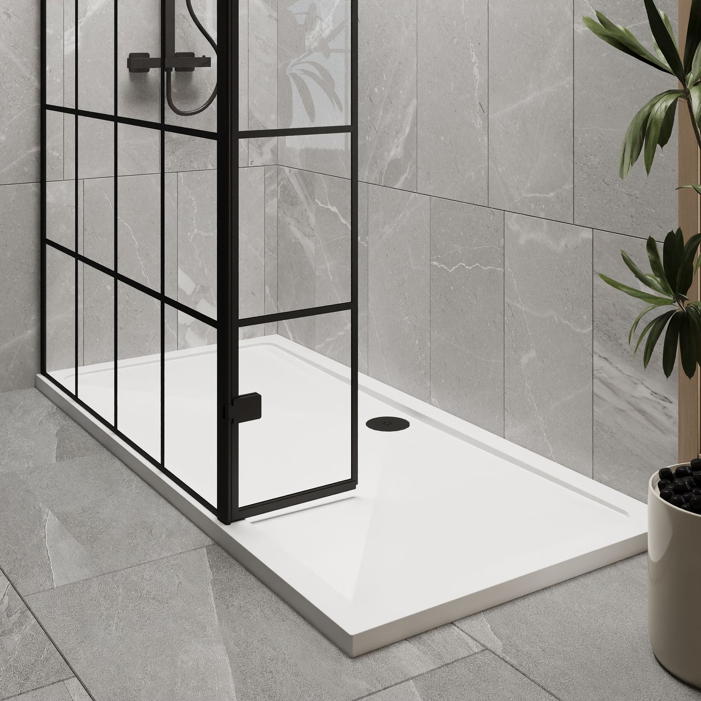 [BEZW122] Contemporary 8mm Glass Walk In Wetroom Screen and Hinged Return Screen with Black Framed Design - Choice of Size - Lifestyle 2