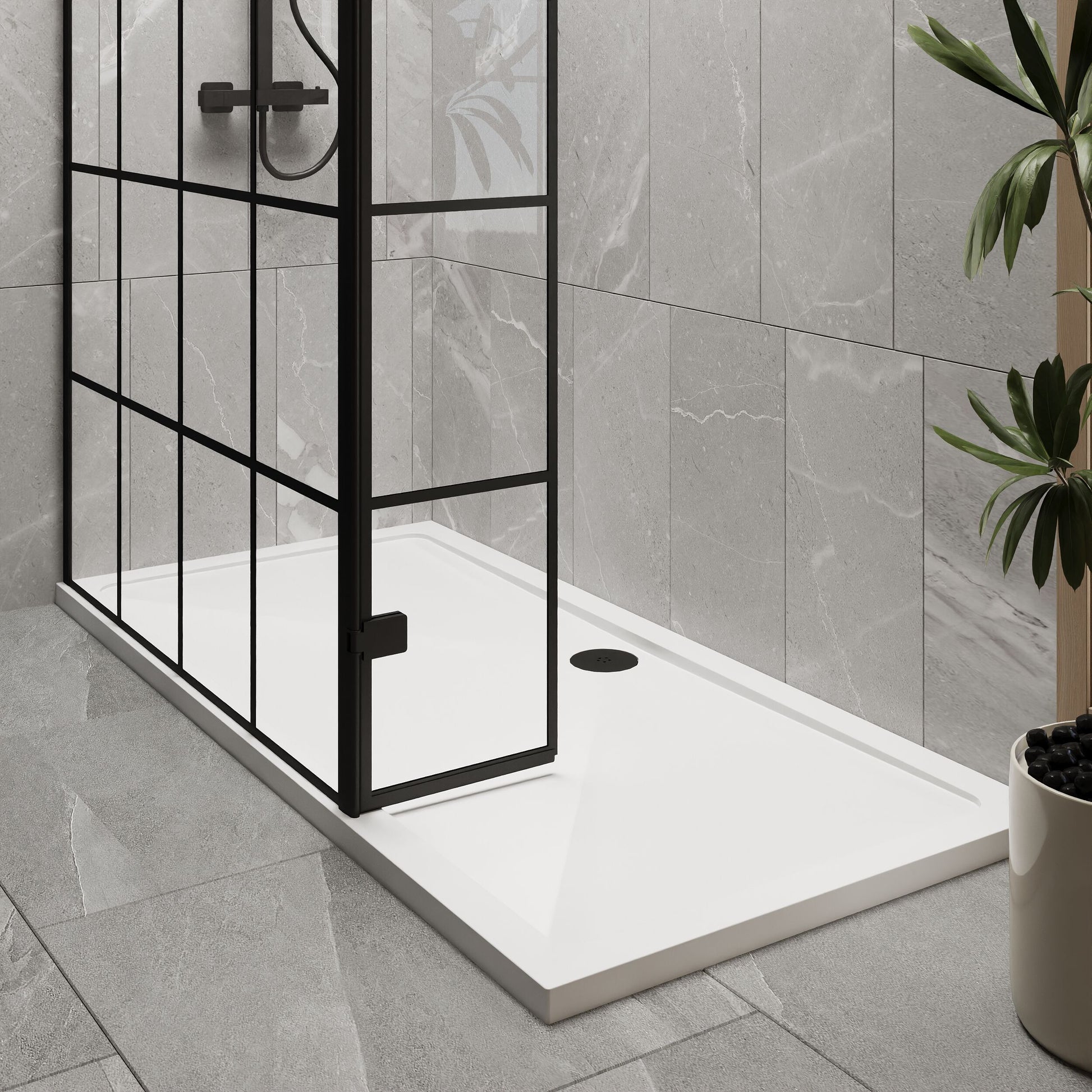 [BEZW122] Contemporary 8mm Glass Walk In Wetroom Screen and Hinged Return Screen with Black Framed Design - Choice of Size - Lifestyle 2