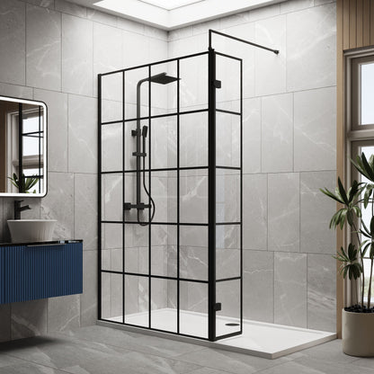 [BEZW126] Contemporary 8mm Glass Walk In Wetroom Screen and Hinged Return Screen with Black Framed Design - Choice of Size - Lifestyle 1