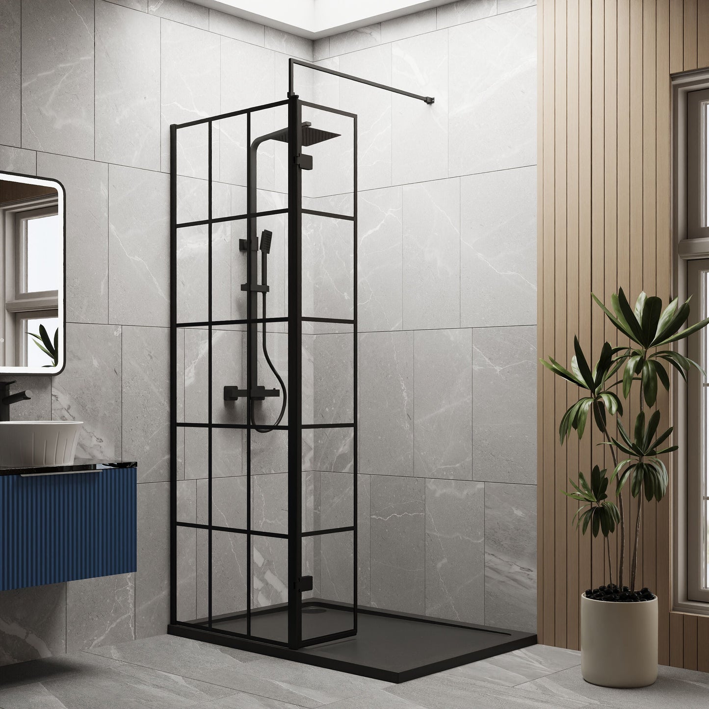 [BEZW134] Contemporary 8mm Glass Walk In Wetroom Screen and Hinged Return Screen with Black Framed Design - Choice of Size - Lifestyle 1