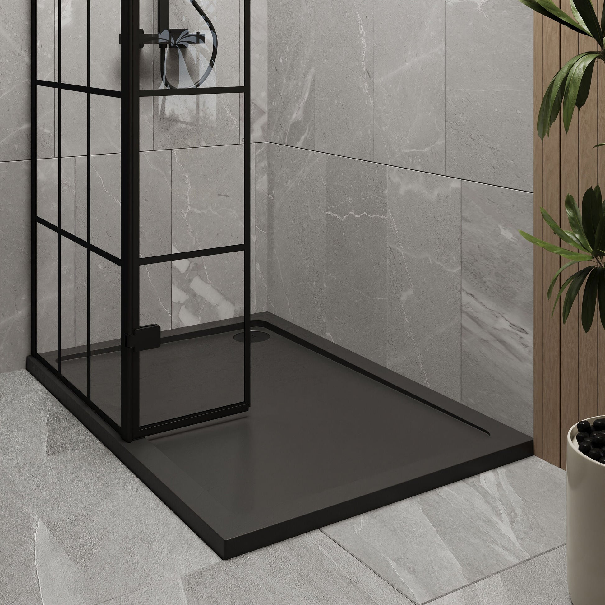 [BEZW134] Contemporary 8mm Glass Walk In Wetroom Screen and Hinged Return Screen with Black Framed Design - Choice of Size - Lifestyle 2