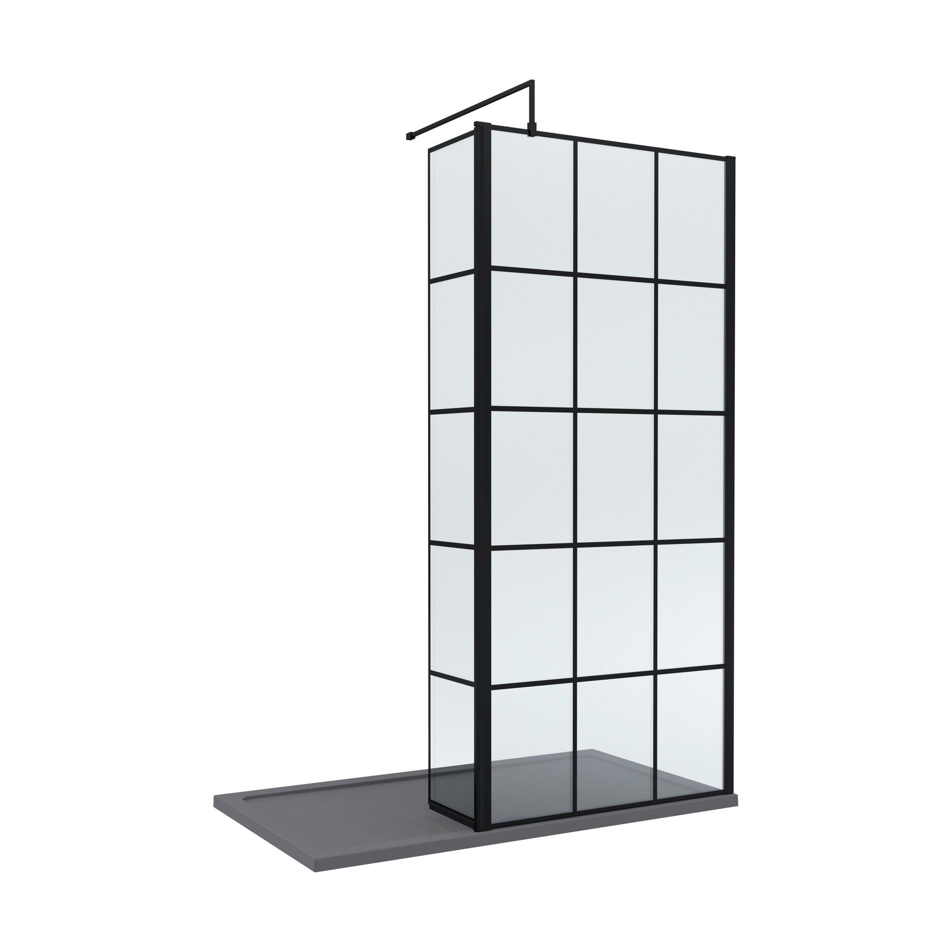 [BEZW142] Contemporary 8mm Glass Walk In Wetroom Screen and Hinged Return Screen with Black Framed Design - Choice of Size - Cutout