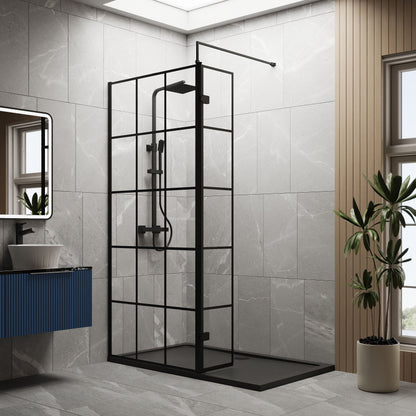 [BEZW142] Contemporary 8mm Glass Walk In Wetroom Screen and Hinged Return Screen with Black Framed Design - Choice of Size - Lifestyle 1