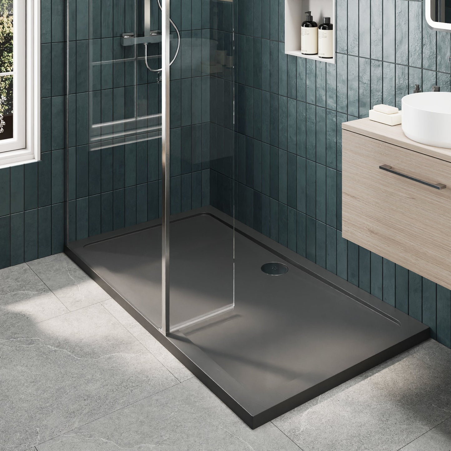 Contemporary 8mm Glass Walk In Wetroom Screen and Hinged Return Screen and Shower Tray - Choice of Size and Finish