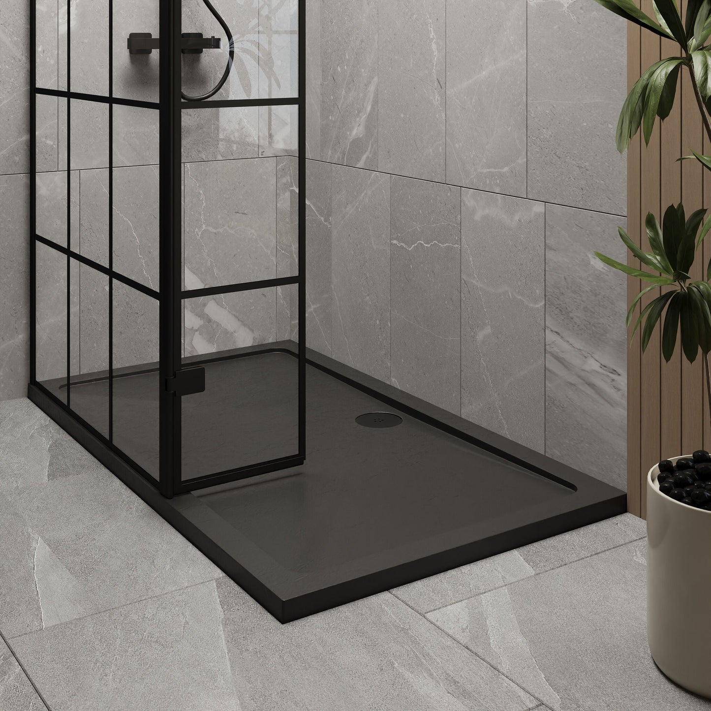 [BEZW146] Contemporary 8mm Glass Walk In Wetroom Screen and Hinged Return Screen with Black Framed Design - Choice of Size - Lifestyle 2