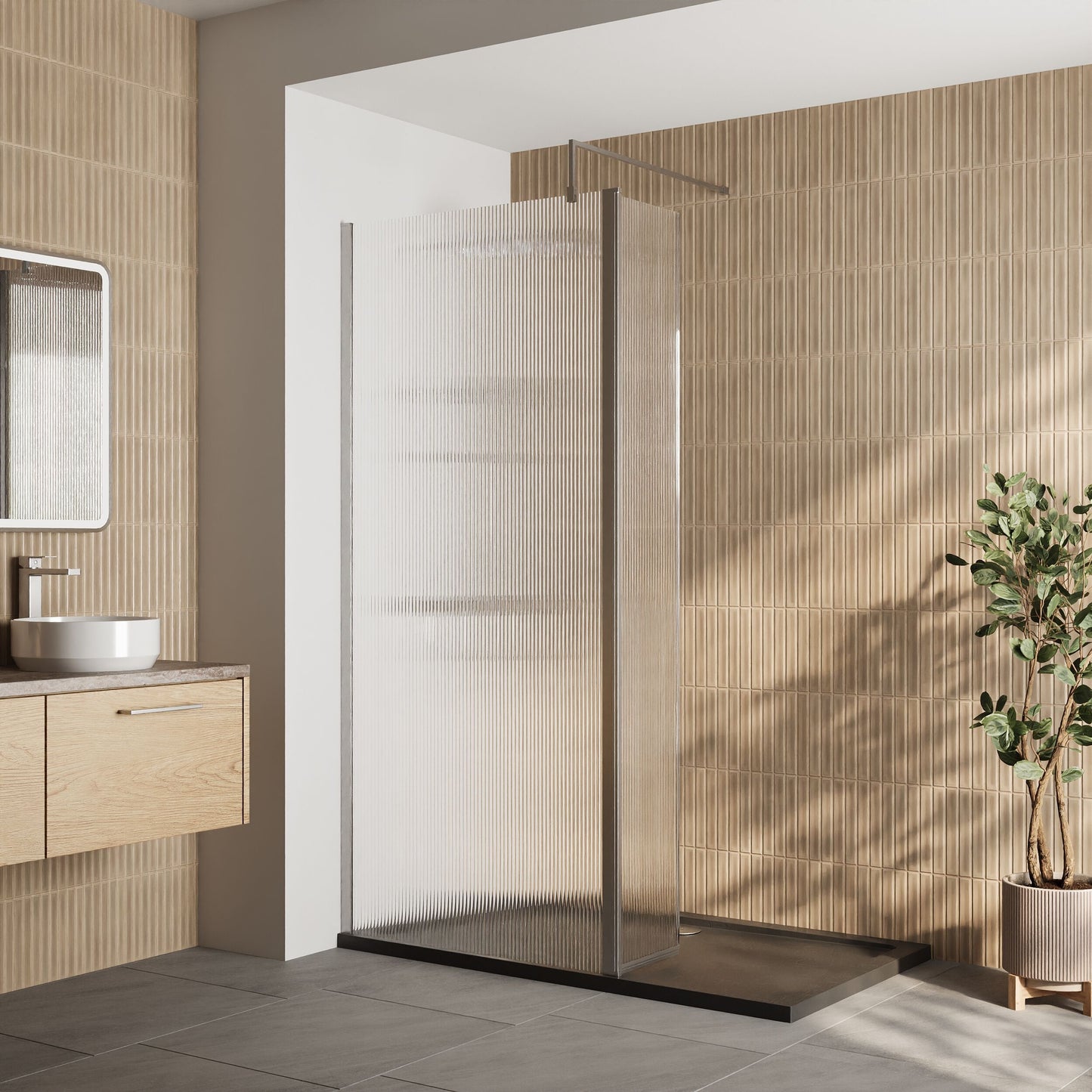 [BEZW147] Contemporary 8mm Fluted Glass Walk In Wetroom Screen and Hinged Return Screen - Choice of Size and Finish - Lifestyle 1