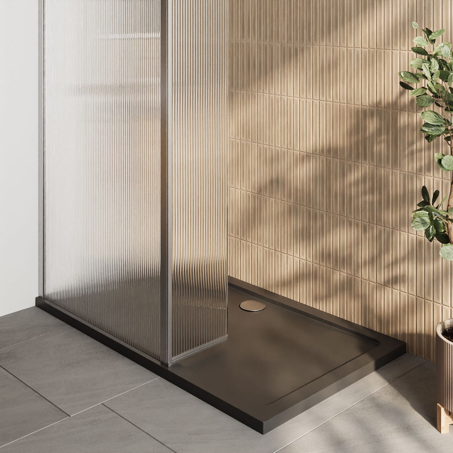 [BEZW147] Contemporary 8mm Fluted Glass Walk In Wetroom Screen and Hinged Return Screen - Choice of Size and Finish - Lifestyle 2