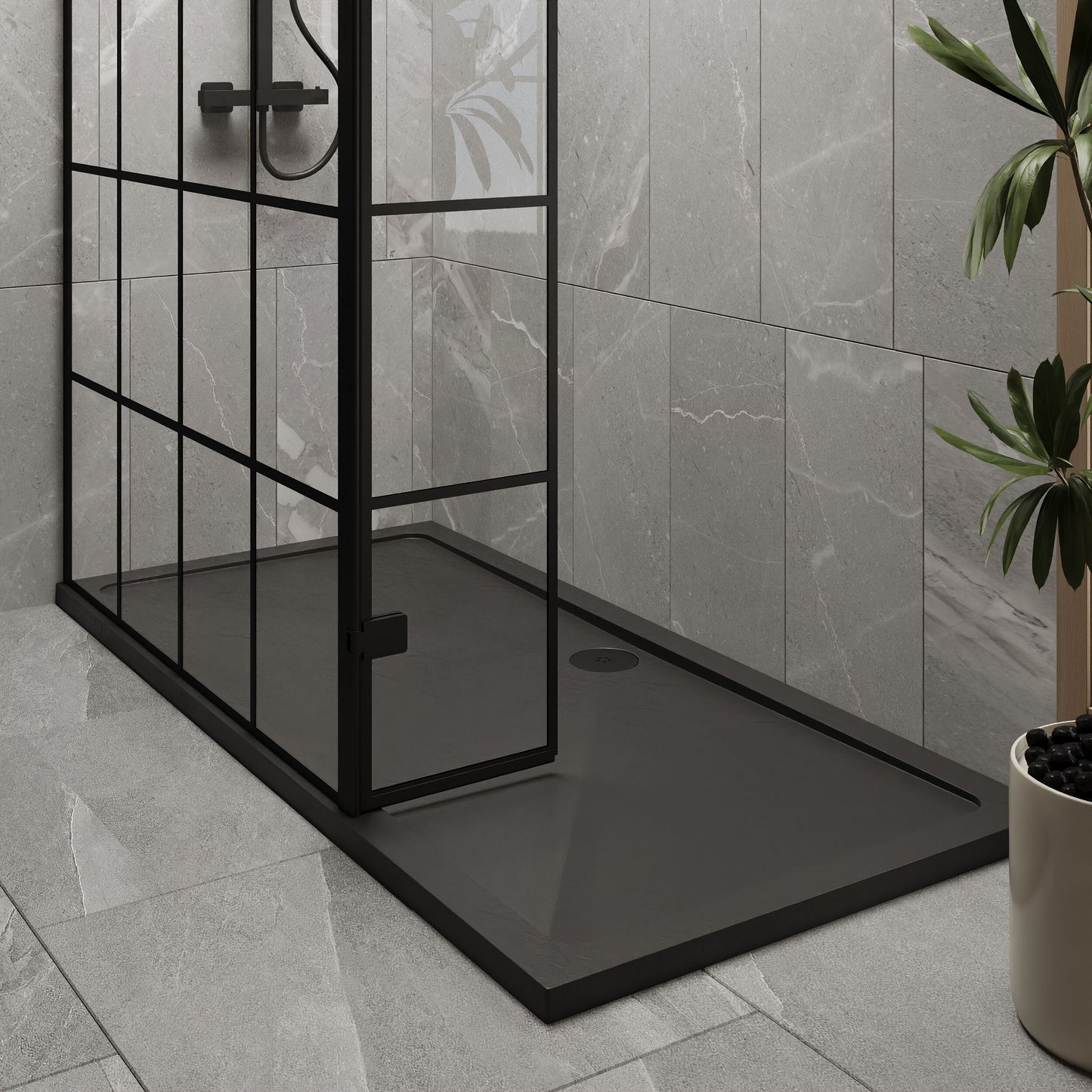 [BEZW164] Contemporary 8mm Glass Walk In Wetroom Screen and Hinged Return Screen with Black Framed Design - Choice of Size - Lifestyle 2