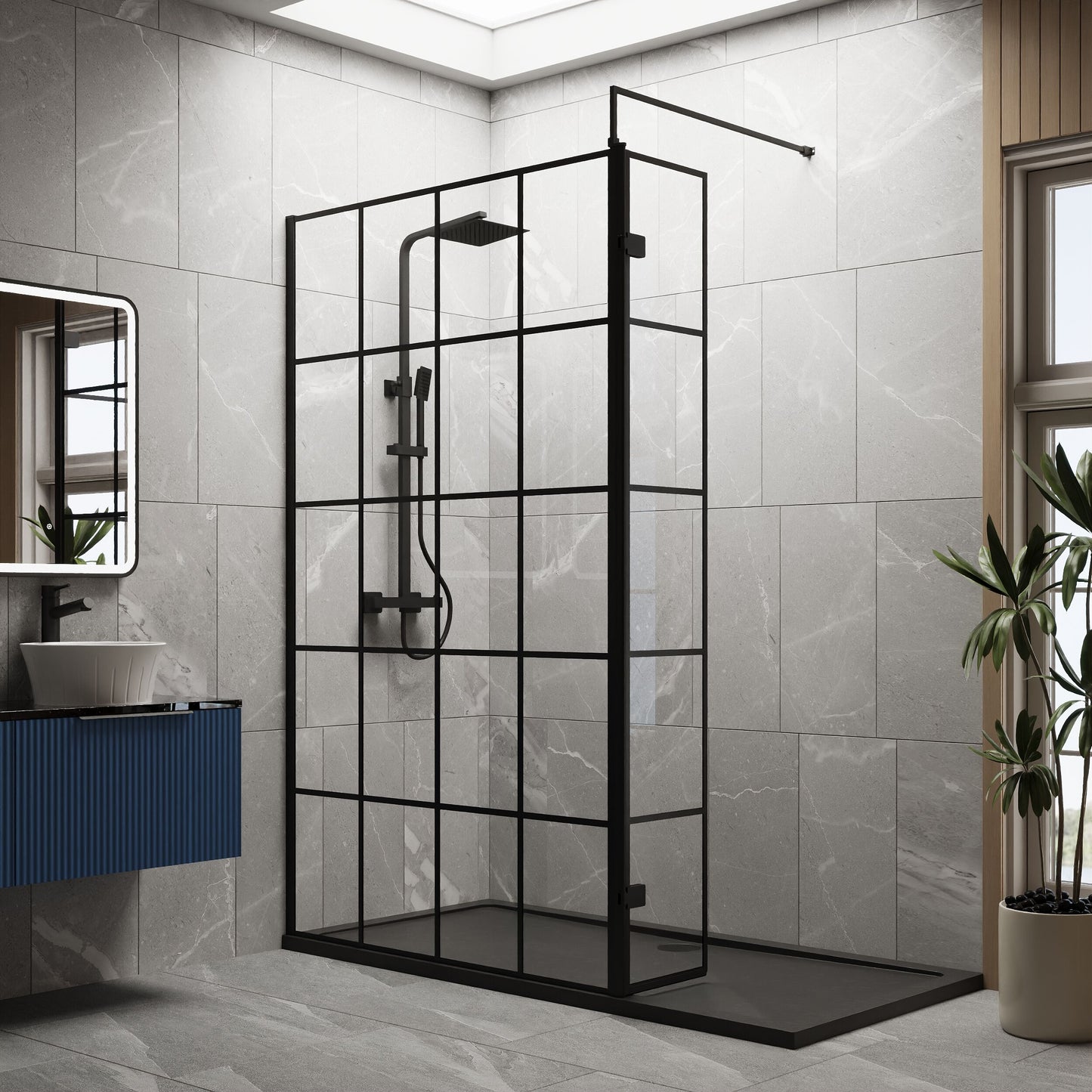 [BEZW168] Contemporary 8mm Glass Walk In Wetroom Screen and Hinged Return Screen with Black Framed Design - Choice of Size - Lifestyle 1