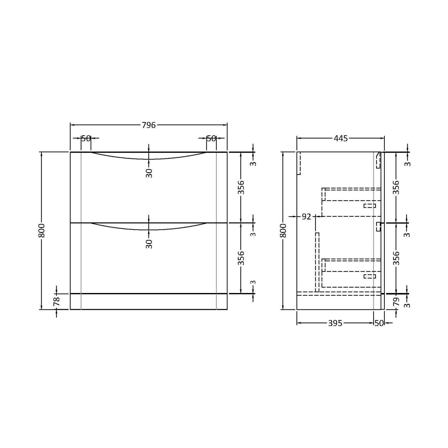 [BFAC335] 800 F/S 2-Drawer Unit - Technical Drawing