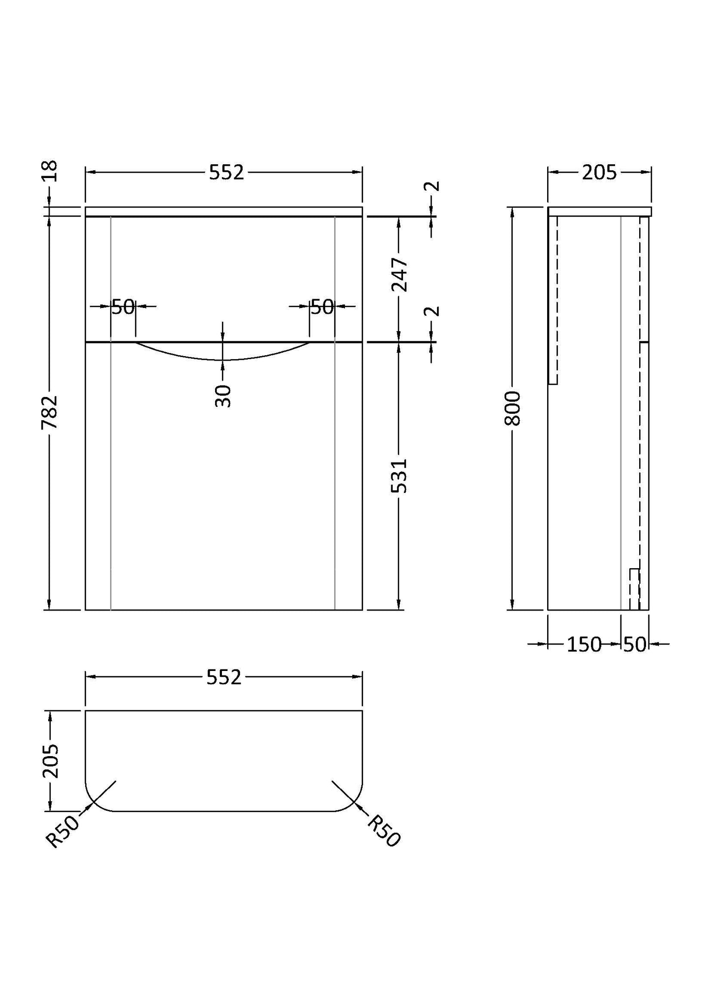 [BFAC341] Dunwood Floor Standing WC Toilet Unit, 550mm, Choice of Colour - Technical Drawing