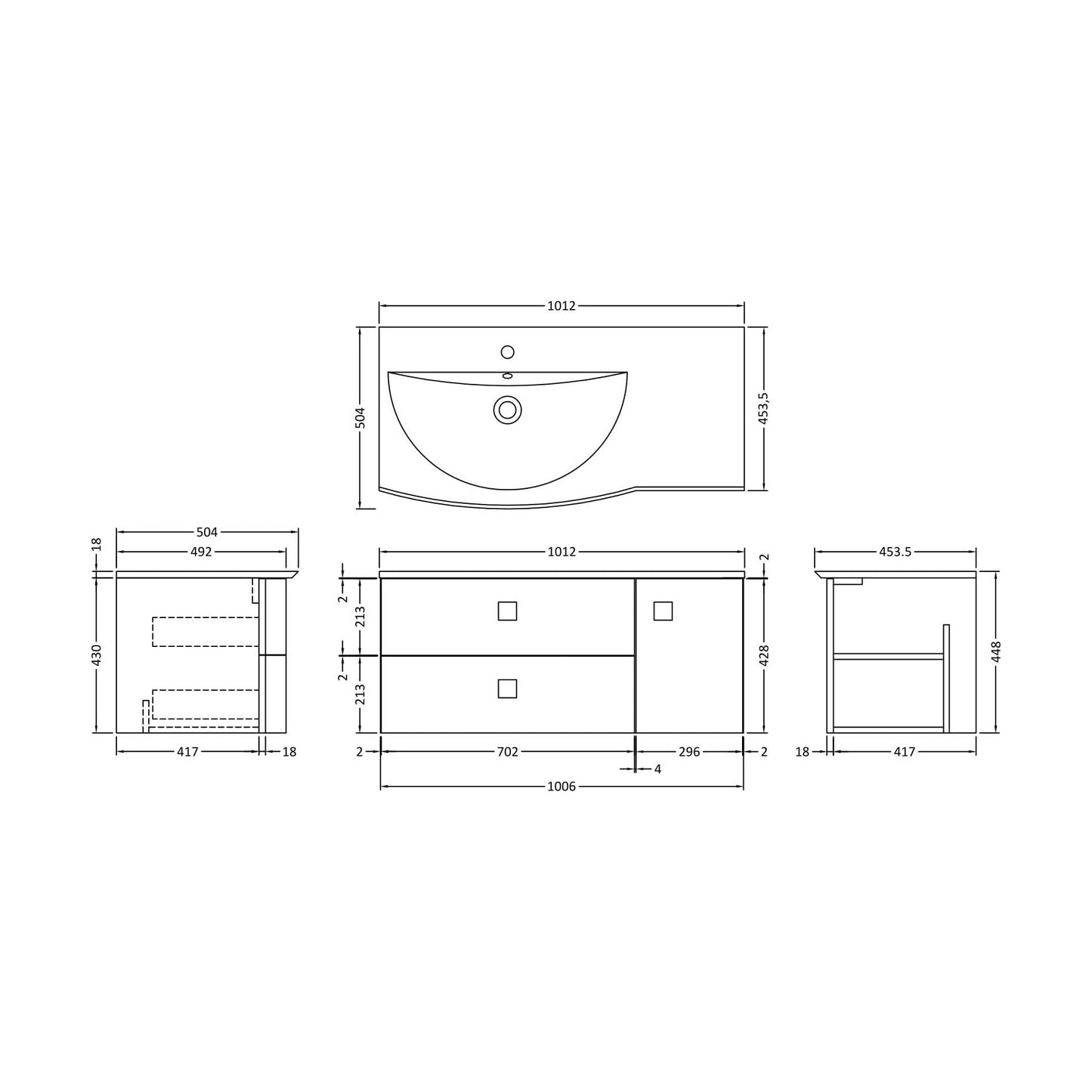 [BFAR102L] Gentleshaw Contemporary 1 Door 2 Drawer Left-Hand Wall Hung Vanity Unit with Curved Basin, Moon White, 1000mm - Technical Drawing