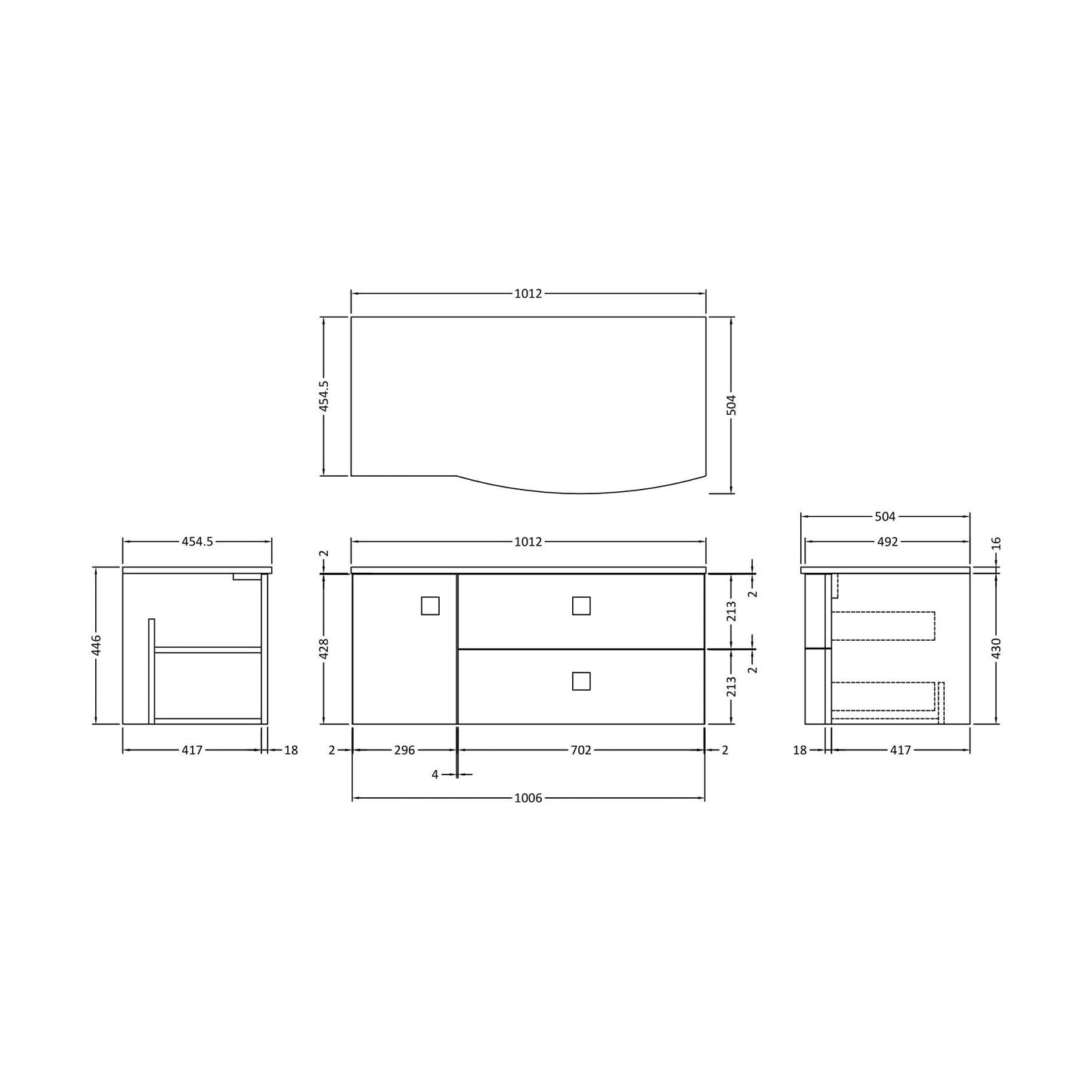[BFAR103R] Gentleshaw Contemporary 2 Drawer Right-Hand Wall Hung Vanity Unit with White Marble Worktop, Moon White, 1000mm - Technical Drawing