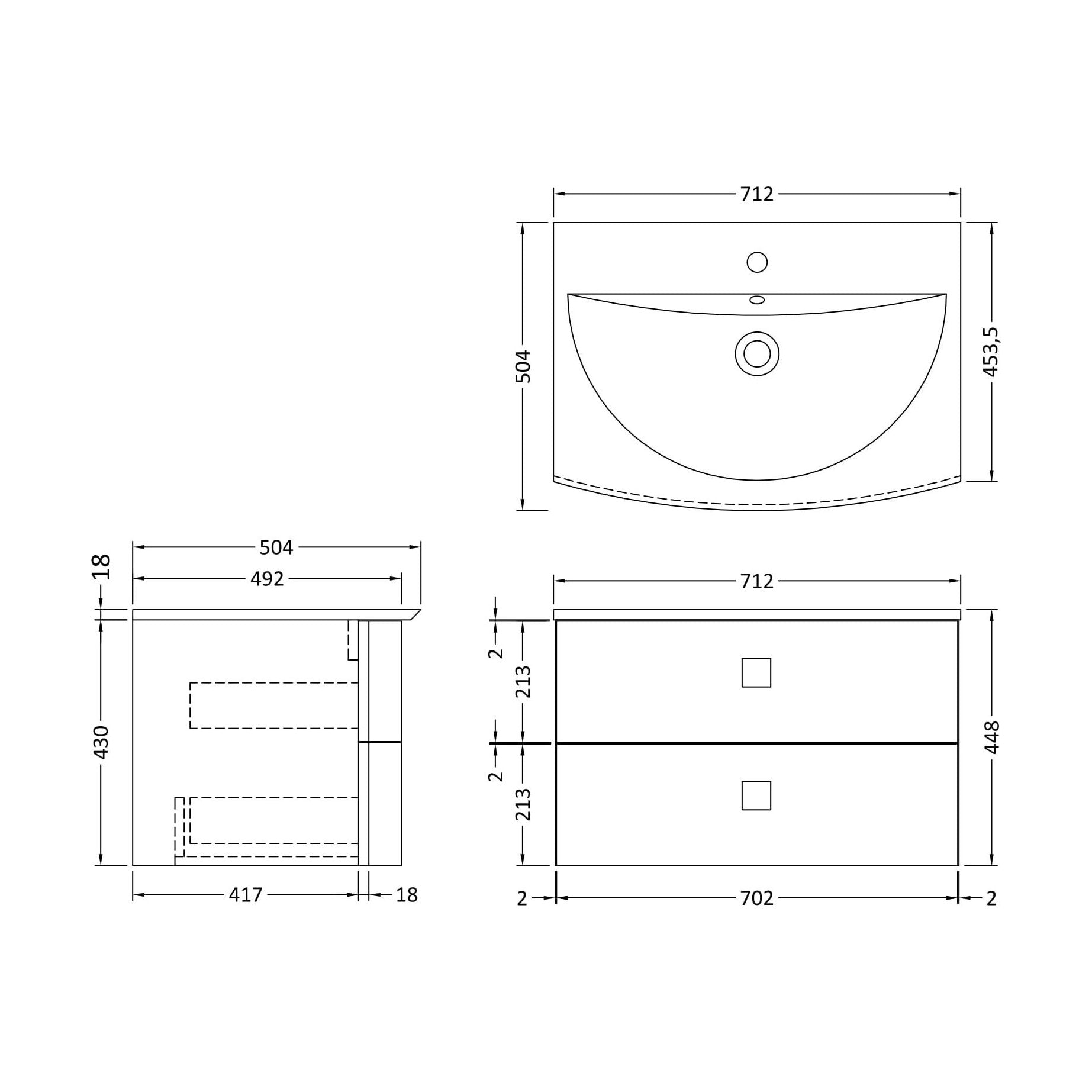 [BFAR201] Gentleshaw Contemporary 2 Drawer Wall Hung Vanity Unit with Curved Basin, Dove Grey, 700mm - Technical Drawing