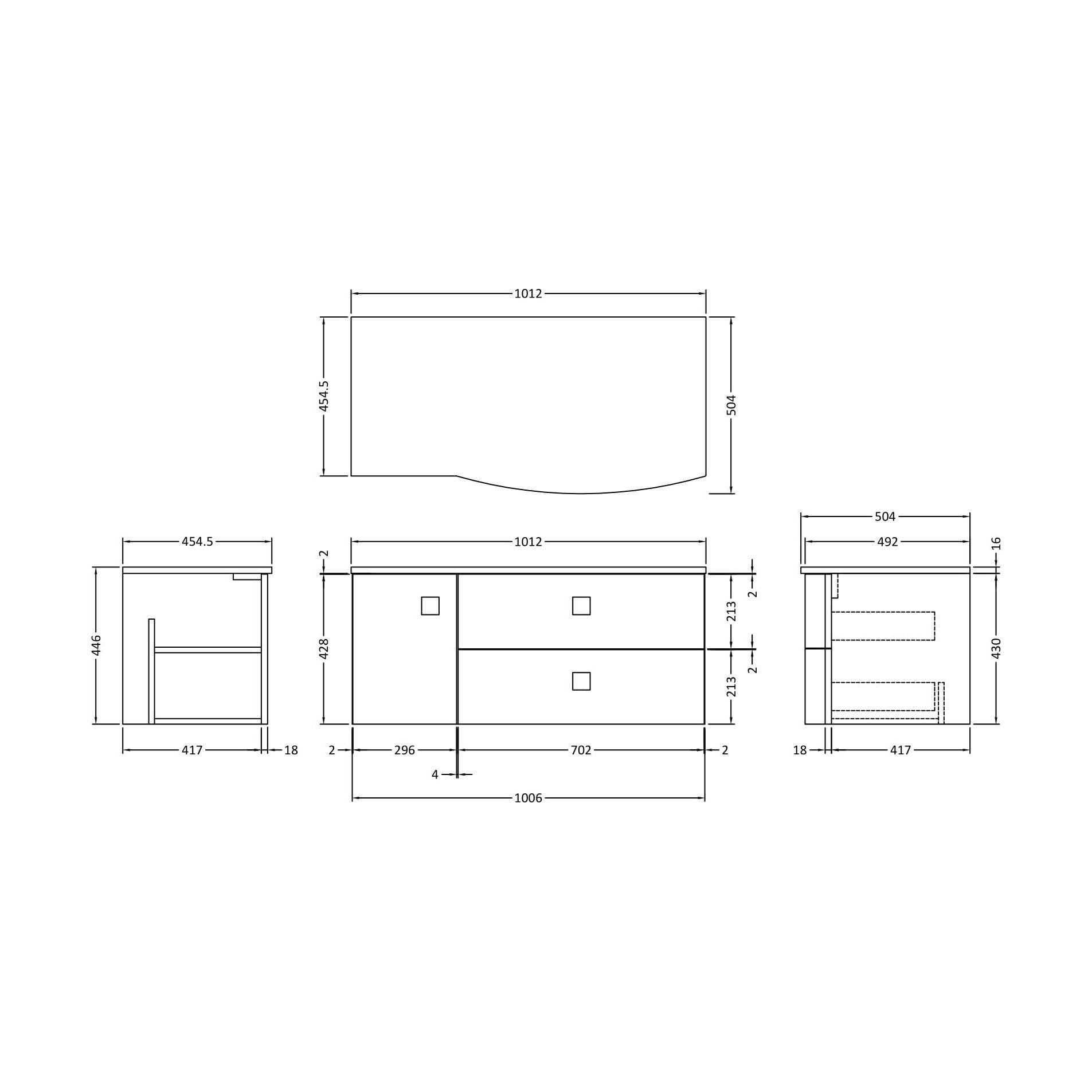 [BFAR203R] Gentleshaw Contemporary 2 Drawer Right-Hand Wall Hung Vanity Unit with White Marble Worktop, 1000mm - Technical Drawing