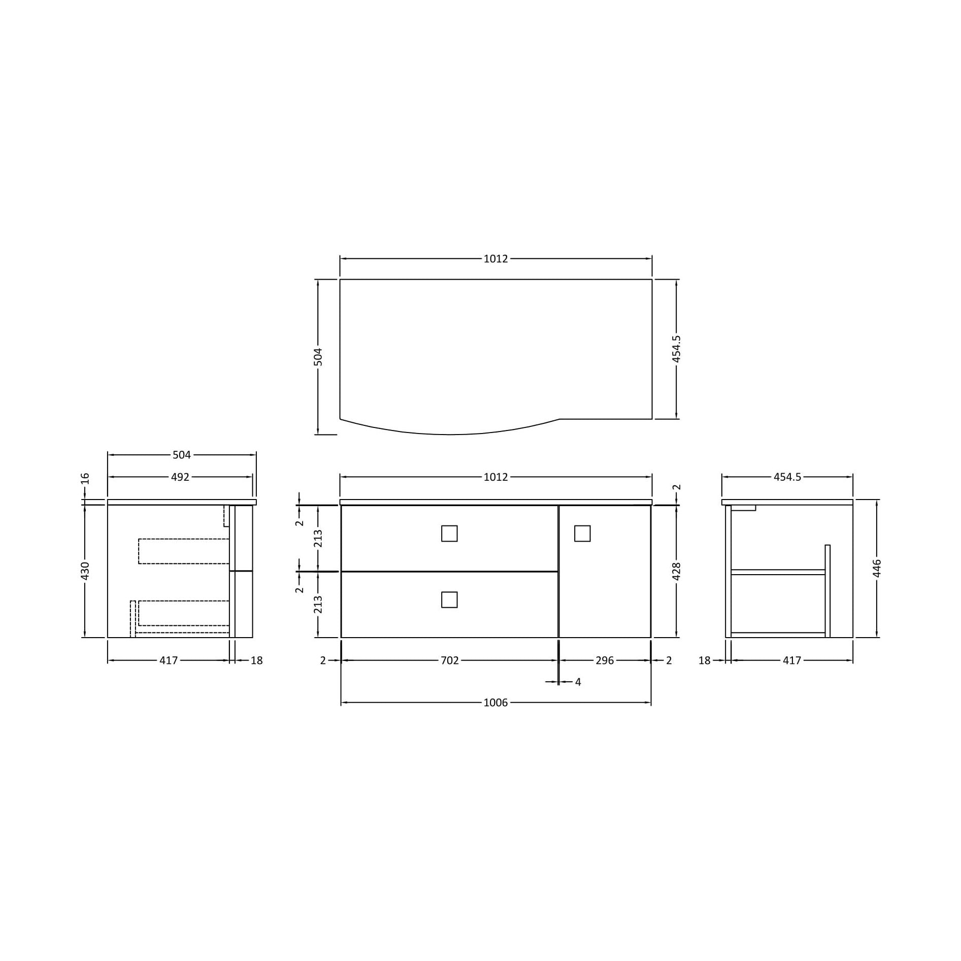 [BFAR205L] Gentleshaw Contemporary 2 Drawer Left-Hand Wall Hung Vanity Unit with Grey Marble Worktop, 1000mm - Technical Drawing