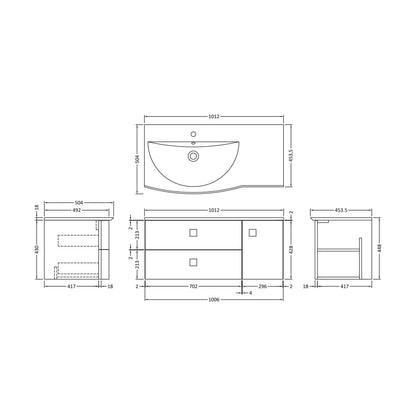 [BFAR302L] Gentleshaw Contemporary 1 Door 2 Drawer Left-Hand Wall Hung Vanity Unit with Curved Basin, Mineral Blue, 1000mm - Technical Drawing