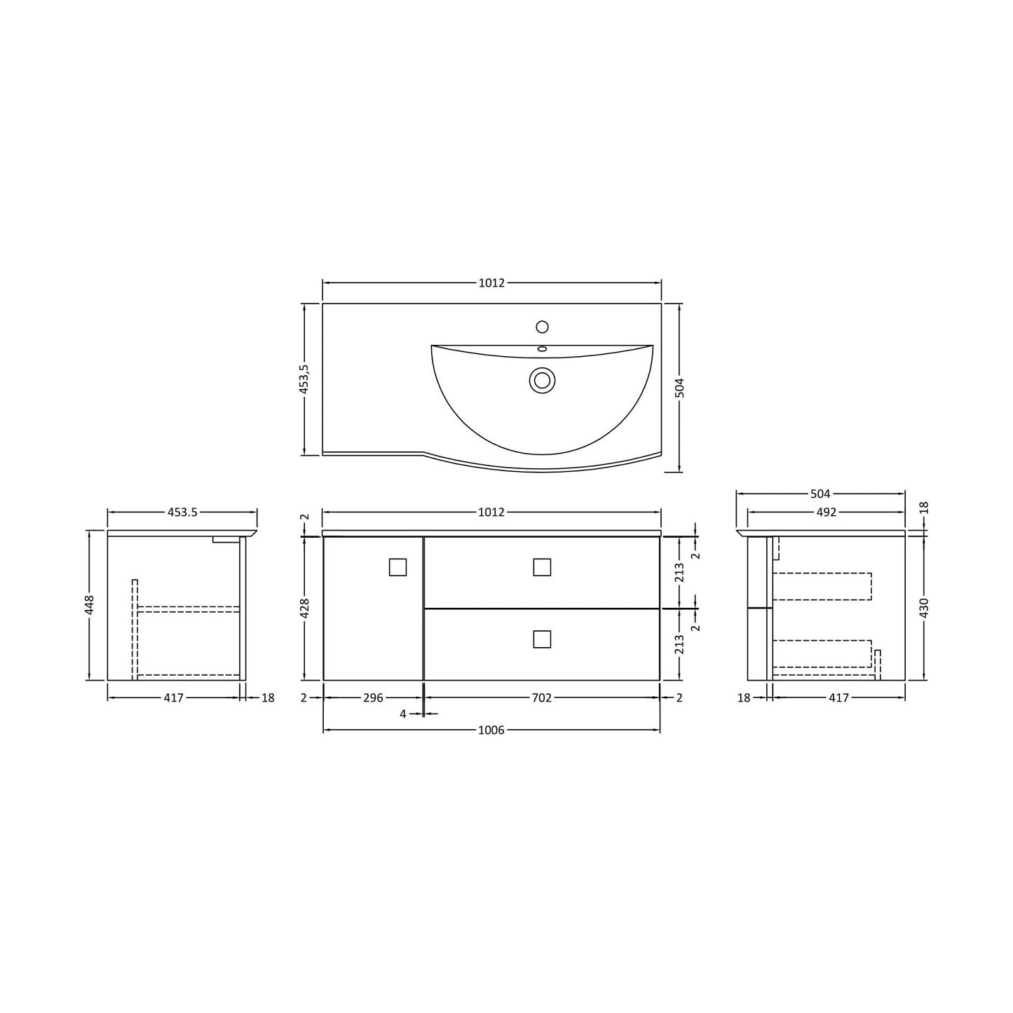 [BFAR302R] Gentleshaw Contemporary 1 Door 2 Drawer Right-Hand Wall Hung Vanity Unit with Curved Basin, Mineral Blue, 1000mm - Technical Drawing