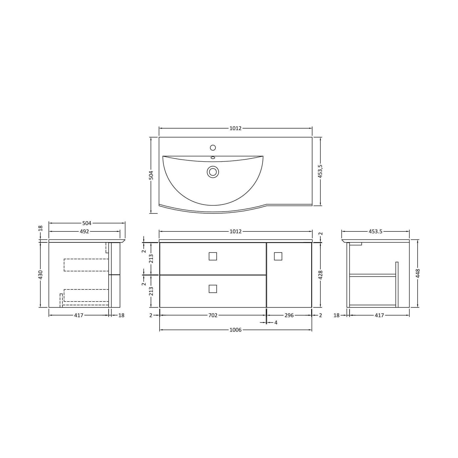 [BFAR802L] Gentleshaw Contemporary 1 Door 2 Drawer Left-Hand Wall Hung Vanity Unit with Curved Basin, Hunter Green, 1000mm - Technical Drawing