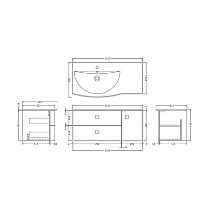 [BFAR802L] Gentleshaw Contemporary 1 Door 2 Drawer Left-Hand Wall Hung Vanity Unit with Curved Basin, Hunter Green, 1000mm - Technical Drawing