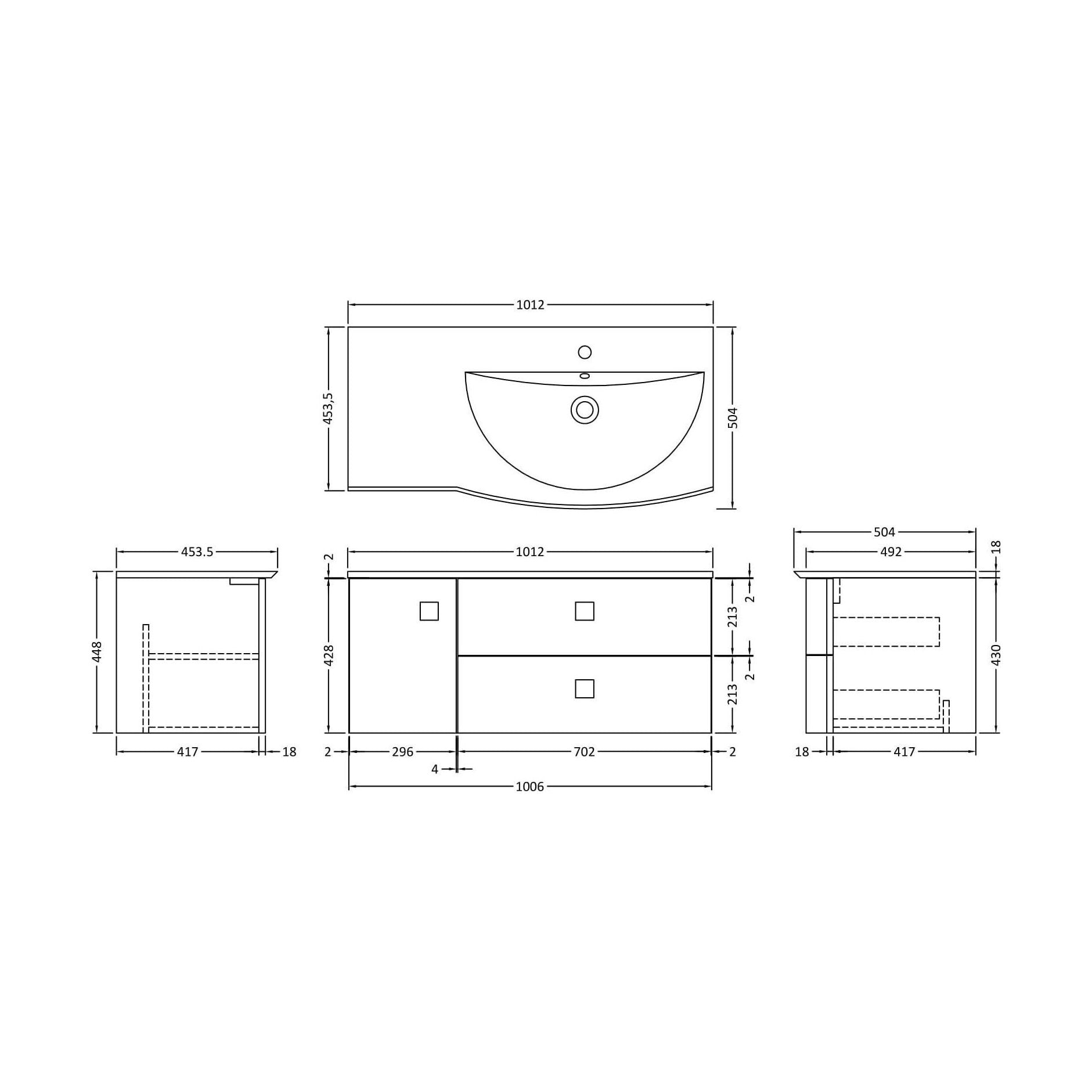 [BFAR802R] Gentleshaw Contemporary 1 Door 2 Drawer Right-Hand Wall Hung Vanity Unit with Curved Basin, Hunter Green, 1000mm - Technical Drawing