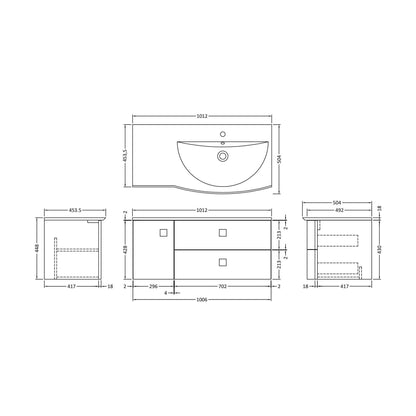 [BFAR802R] Gentleshaw Contemporary 1 Door 2 Drawer Right-Hand Wall Hung Vanity Unit with Curved Basin, Hunter Green, 1000mm - Technical Drawing