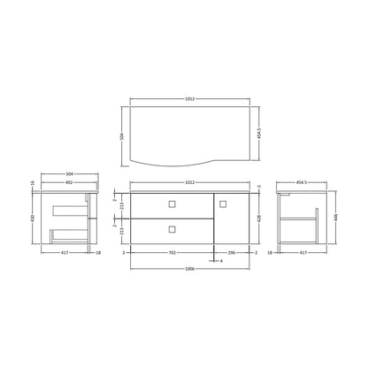 [BFAR803L] Gentleshaw Contemporary Left-Hand Wall Hung Vanity Unit with Marble Worktop, Hunter Green, 1000mm - Technical Drawing