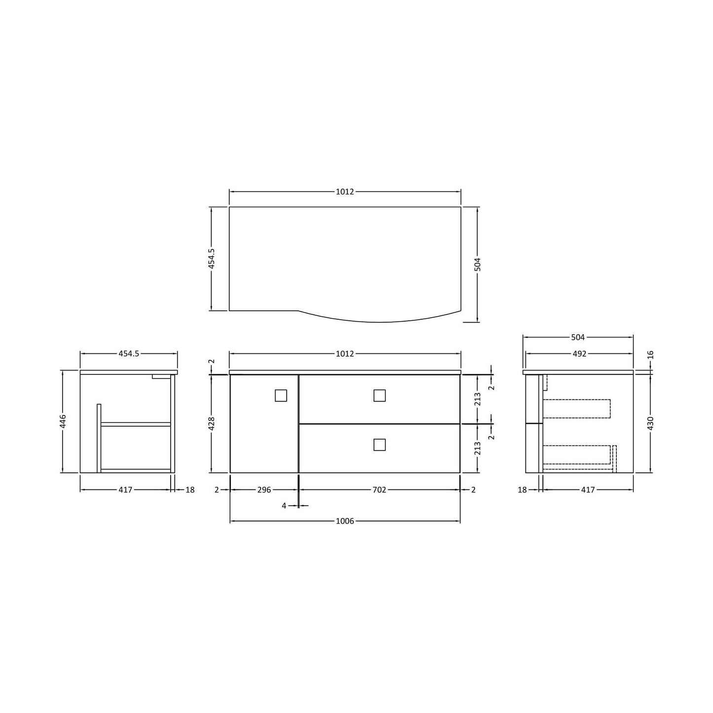 [BFAR805R] Gentleshaw Contemporary 1 Drawer Right-Hand Wall Hung Vanity Unit with Marble Worktop, Hunter Green, 1000mm - Technical Drawing