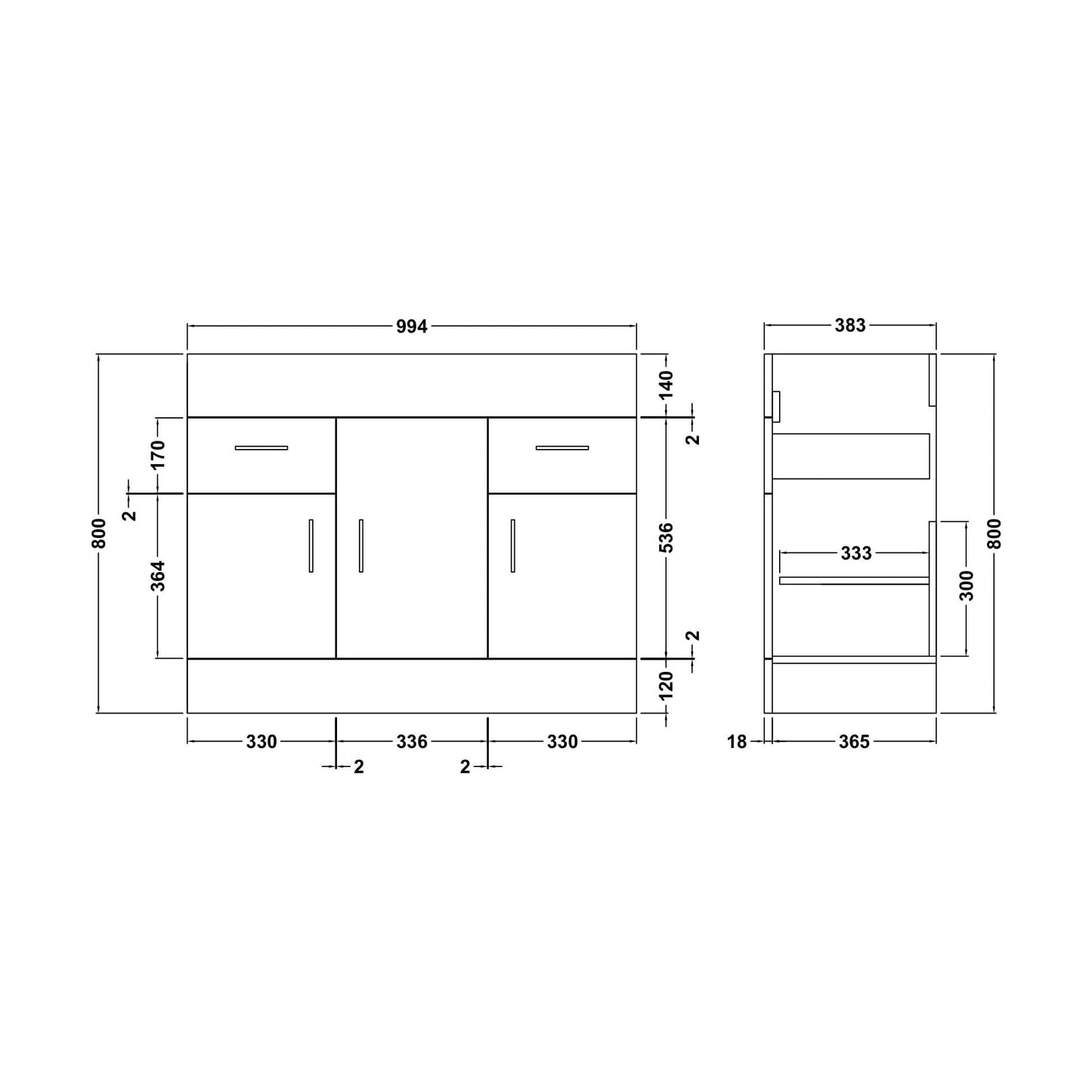 [BFBI107] 1000x400mm Turin Cabinet - Technical Drawing