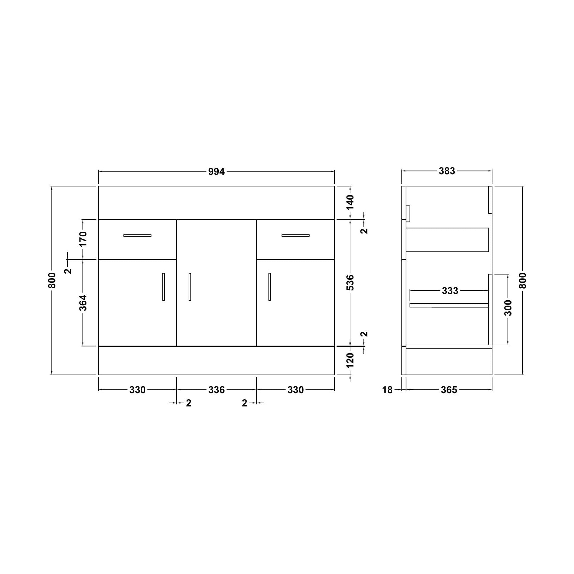 [BFBI107] 1000x400mm Turin Cabinet - Technical Drawing