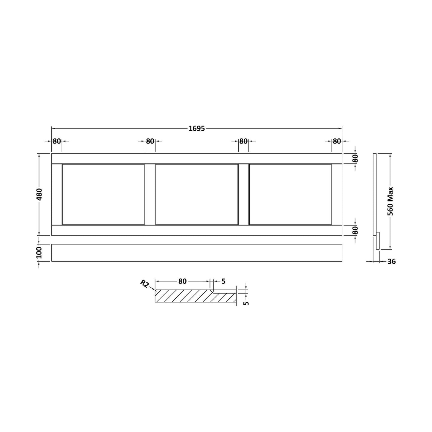 [BFBY205P] 1700mm Bath Front Panel WGGREY - Technical Drawing