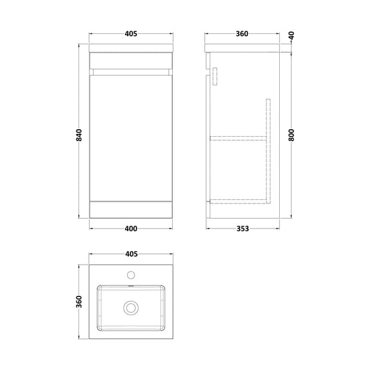 [BFC101BKA] Balterley 400mm Floor Standing 1 Door Compact Unit with Polymarble Basin - Dark Grey - Technical Drawing
