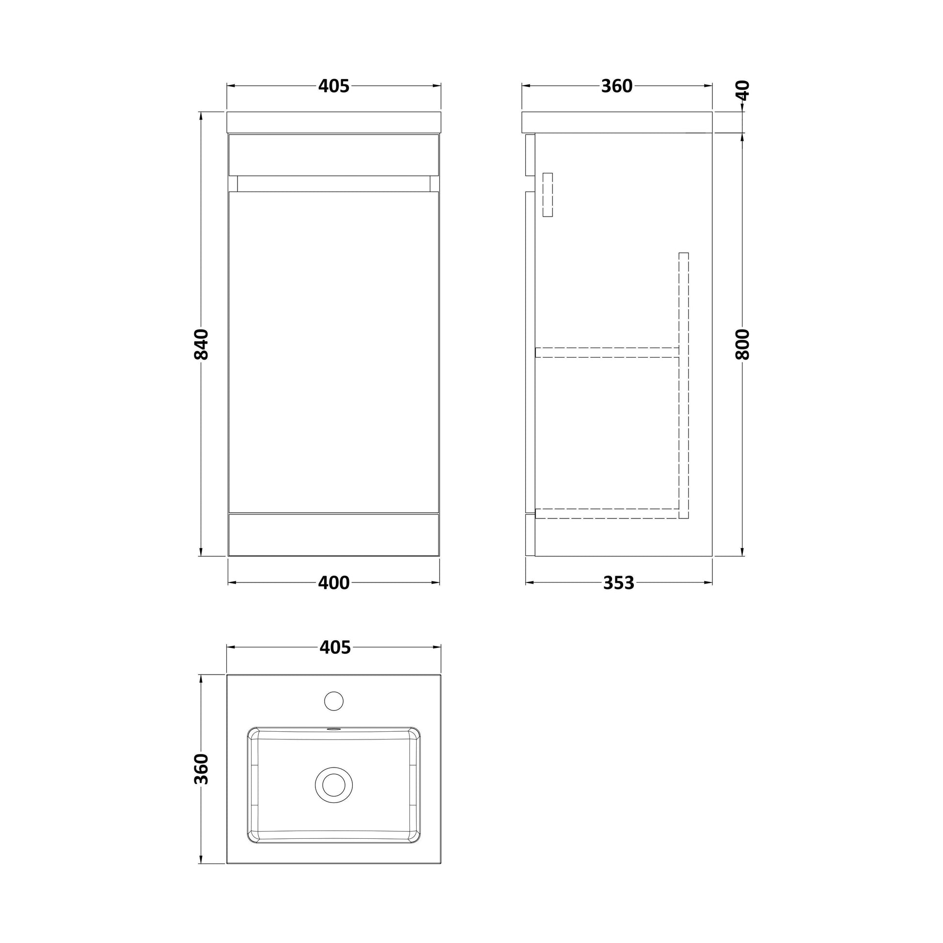 [BFC101WTA] Balterley 400mm Floor Standing 1 Door Compact Unit with Polymarble Basin - White - Technical Drawing